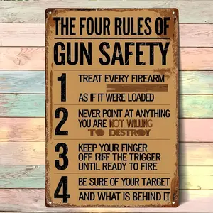 Flat,  1pc Vintage Metal Sign | Vintage Style Gun Safety Four Rules Tin Sign Wall Decoration | 20*30cm/8*12inch | Suitable for Living Room, Bedroom, Cafe, Bar, Garage, Home Decor,  Flat