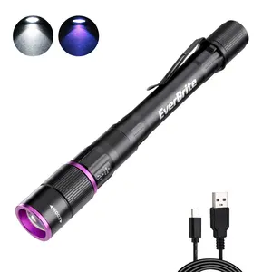 #Summervibes EverBrite Rechargeable Pen Flashlight with UV Light and White Light, 395nm Black Flashlight with Clip, Zoomable 4 Modes with Memory Function, USB C Cable, for Camping, Emergency, Pet Urine Detection