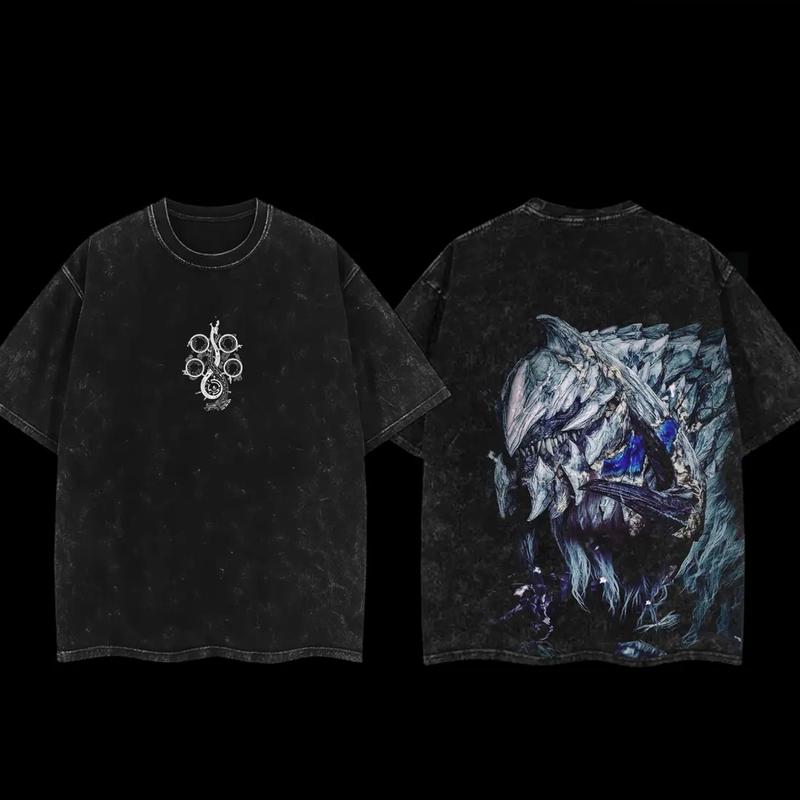 Monster Hunter Wilds Arkveld Vintage Washed Oversized Tee & Hoodie | Retro Game Graphic Apparel | Faded Streetwear For Hunter Fans | Soft Cotton Washed Outfit Perfect For Gamers C