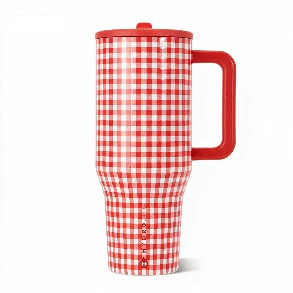 HydroJug 40oz Watermelon Red Gingham Insulated Stainless Steel Tumbler - Leakproof Drinkware with Straw, Handle, Lid, for Girls, Modern Beach Picnic Use, Coffee & Water Bottle, Travel