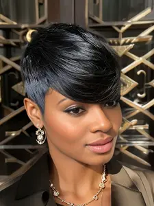 Women's Pixie Cut Short Human Hair Wigs with Bangs, Natural, Machine-Made Full Lace Wig for Daily Wear & Special Occasions, Real Hair Wigs