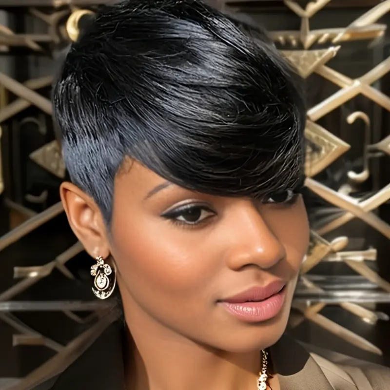 Women's Pixie Cut Short Authentic Human Hair Wigs with Bangs, Natural Looking Wigs, Machine-Made Full Lace Wig for Daily Wear & Special Occasions, Real Hair Wigs