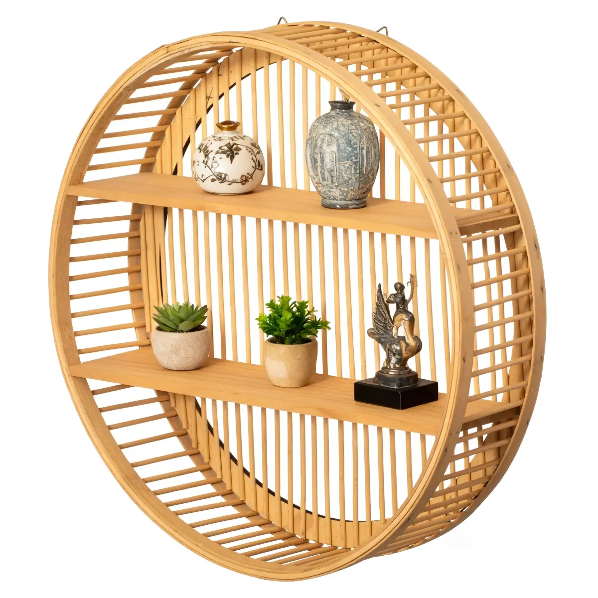 Vintiquewise QI004514.L Minimalist Round Bamboo Floating Shelf - 2-Tier Wooden, Neutral Decorative Wall Mount Display Shelf, Lightweight Hanging Storage for Homeowners, Floating Shelves