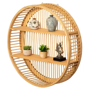 Vintiquewise QI004514.L Large Round Bamboo Wall Shelf with 2 Wooden Tiers, Minimalist Decorative Hanging Floating Display Shelves for Room Home Decor