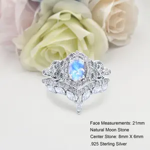 Two Piece Set Chevron 1.21 Carat Natural Moonstone Ring Bridal Band Wedding Oval Shape 925 Sterling Silver 21mm