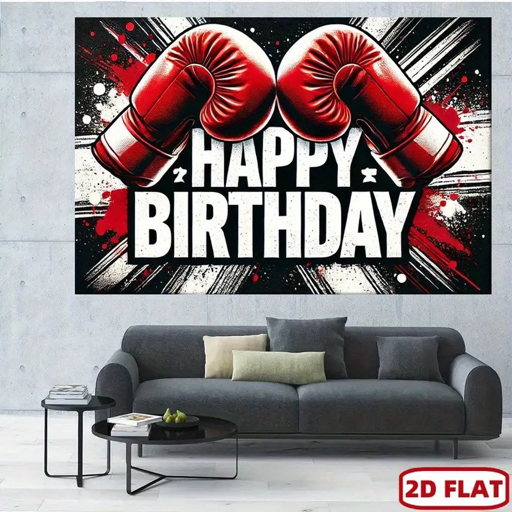 1pc Vibrant Red 2D Silk 8ft x 6ft 1-Piece Boxing Gloves Birthday Backdrop - Polyester Party Banner with "HAPPY BIRTHDAY" Text, Wall-Hanging No-Power Photo Booth Prop, Home Celebration Decoration