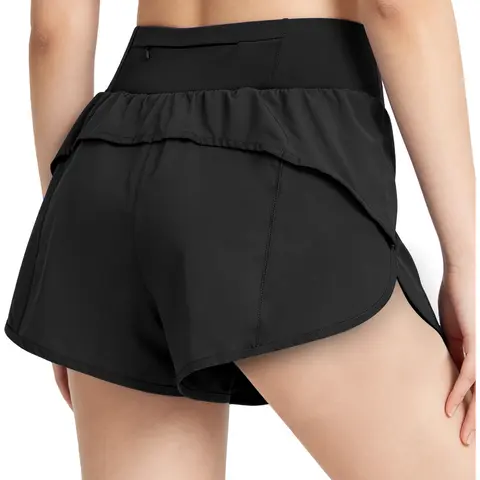 Women's High-Waisted Back Pocket Double Fabric Compression Sports Shorts - Quick Dry, Breathable Gym Apparel with Coverage for Yoga, Running