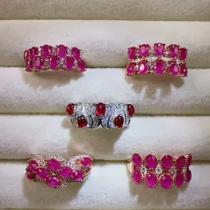<PingEast Jewerly>hot pink Ruby band rings--925 Silver Rose Gold Natural Mogok Pink Ruby Band Ring
