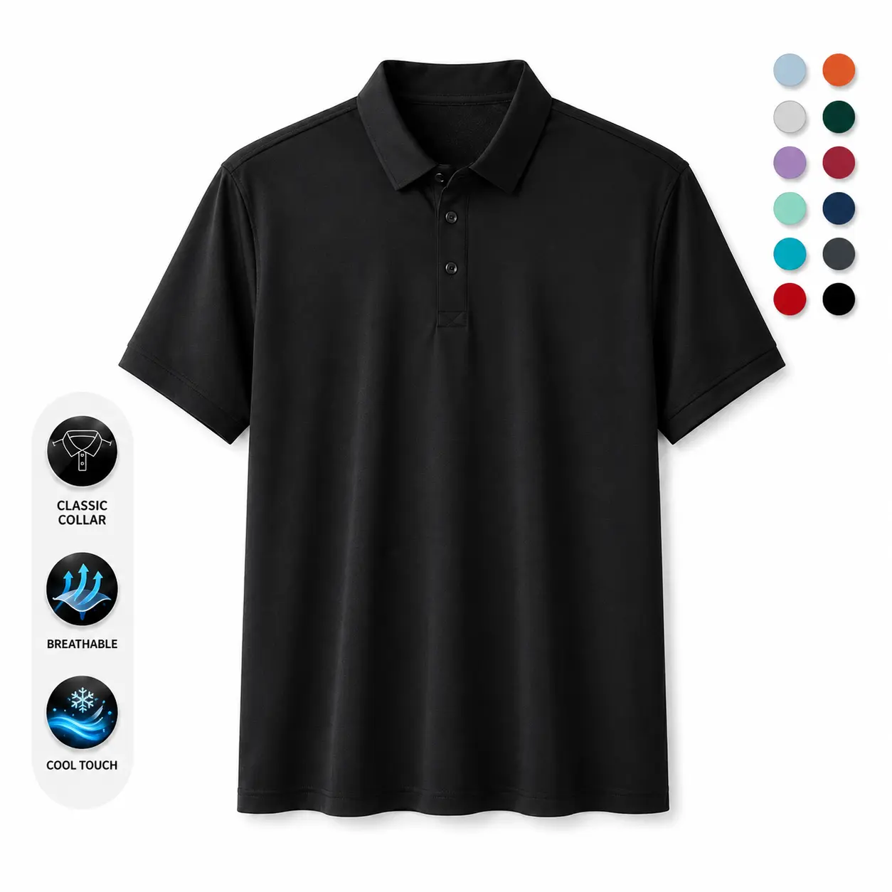 Men’s polyester short-sleeve polo shirt, solid color classic button-front golf polo top, breathable lightweight business casual everyday T-shirt