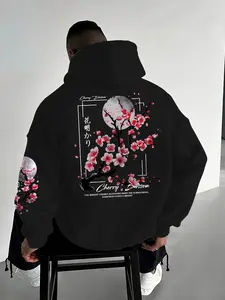 Men's Floral Letter Print Fleece Hoodie, Unisex Fall & Winter Pullover, Moderate Fabric, Fitted Style, Comfortable Daily Wear, Floral Hoodies