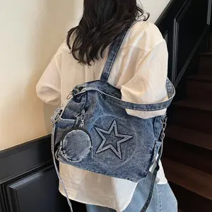 AS605 Women's Pentagram Denim Bag 2025 New Fashion Shoulder Messenger Bag Large Capacity Commuter Tote Bag