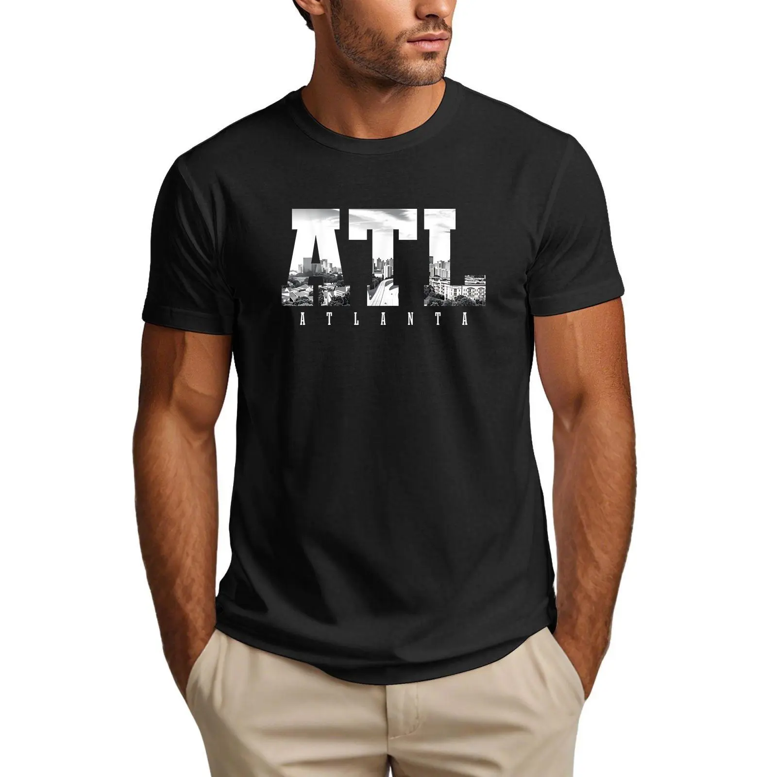 Men's ATL Atlanta Grayscale Downtown City Skyline Graphic T-Shirt Georgia Local Pride Short Sleeve Tee For Atlanta Residents Travel Souvenir Casual Daily Street Wear