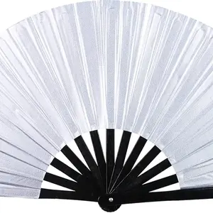1pcs Hand Fan Bamboo Holding Hand Fan Large Folding Fan with Bright Color Fabric Folding Fan for Festival (Silver)