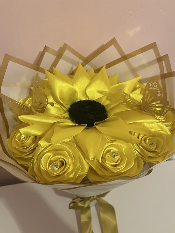 Sunflower and Yellow Rose Eternity Bouquet with Gold Butterflies and Black Center