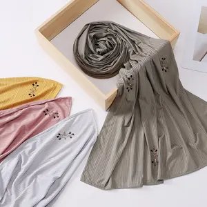 High Elastic Muslim Women Knitted Stripe Rhinestone Jersey Hijab Scarf