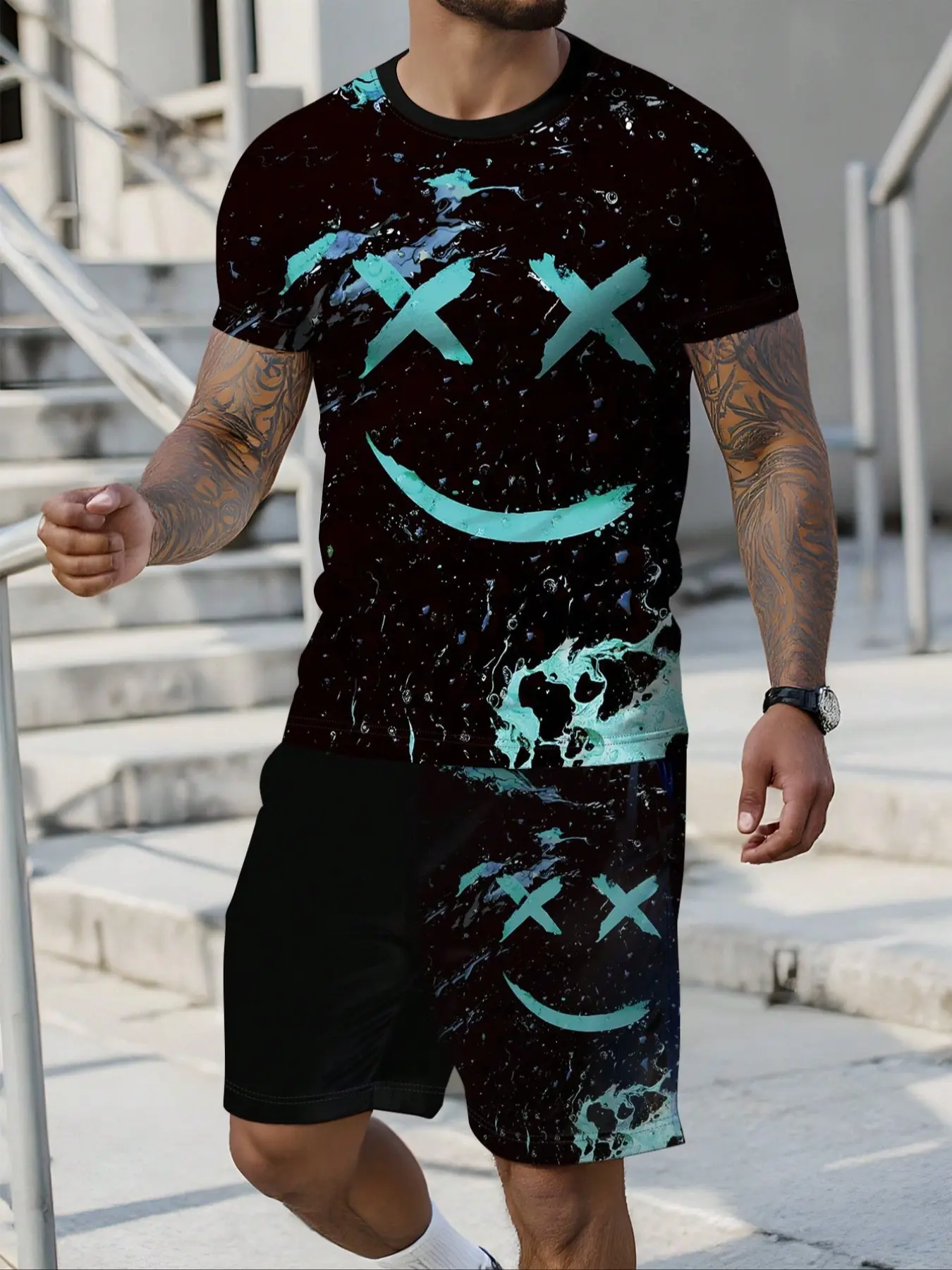 Men's T-shirt and Shorts Set Two-Piece Set Matching Outfit Summer Street Style Smiley Face Print Preppy Fitted Short Sleeve Tops Moderate Fabric Essential College Look