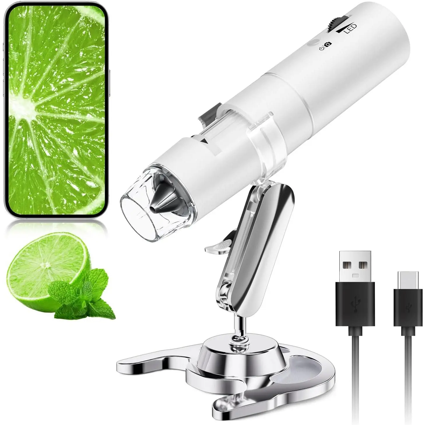 Skybasic Cordless Lightweight Digital Microscope - 50X-1000X Magnification, WiFi Pocket Handheld Model with 1x Base, LED, HD 1920x1080 Resolution USB Camera, Photo/Video, Compatible with iOS/Android, iPad, Windows, Mac (White, Ideal for Children, Plants)