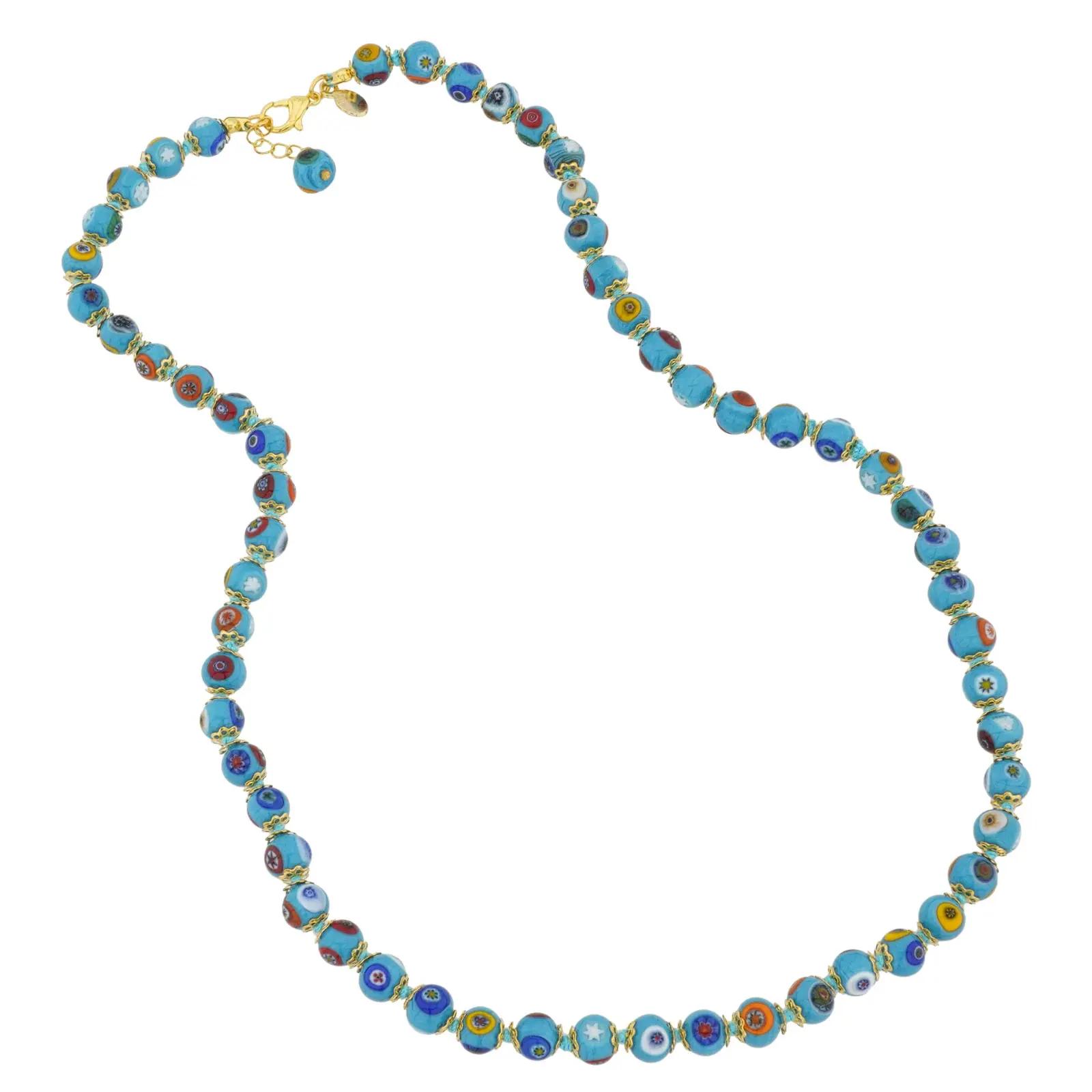 Glass Of Venice Murano Glass Necklace Longer Length 24 Inches - Italian Aqua Turquoise Blue Millefiori Mosaic Beads Handmade Blown Glass - Murano Glass Necklaces For Women