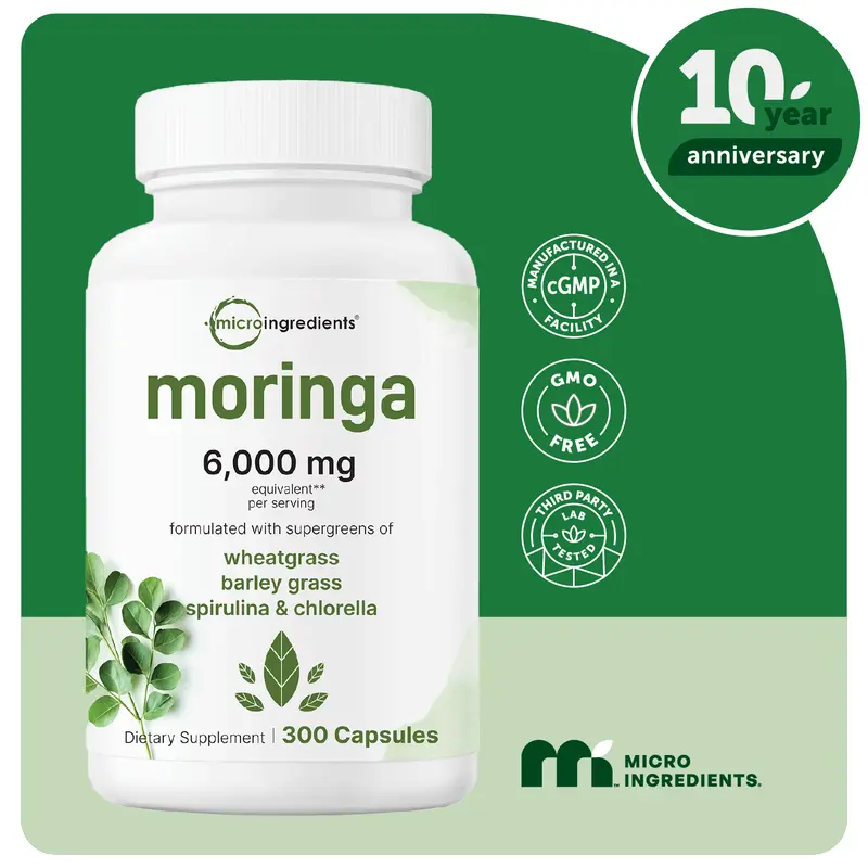 Moringa Oleifera 6,000mg Equivalent, 300 Capsules with Supergreens Blend of Wheatgrass, Barley Grass, Spirulina, & Chlorella
