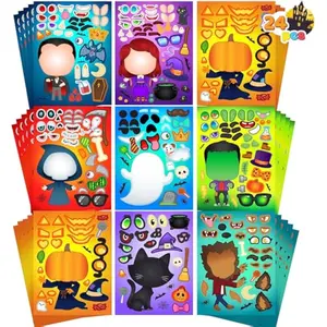 24 Pcs Halloween Make a Face Stickers, Party Favor for Kids, Art Crafts Party Supplies, Funny Decorating Stickers with 8 Designs, Halloween Treats Classroom Activities Games Gift Goodies