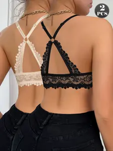Women's Sexy Lace Front Buckle Back Crossed Bra, Elegant Design, Fashionable and Comfortable, Soft Breathable Floral Lace, Medium Support, Supportive Bra, Lace Brassiere Fit