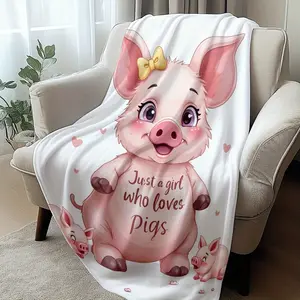 1pc Pig Lover's Flannel Blanket - Ultra-Soft Pink & White Pastel Throw with Piglets & Hearts, All-Season Bed, Chair, or Outdoor Use - Pig-Themed Gifts for Birthday, Christmas - Cozy 280GSM Flannel Bedspread - Retro Pig & Hearts Design