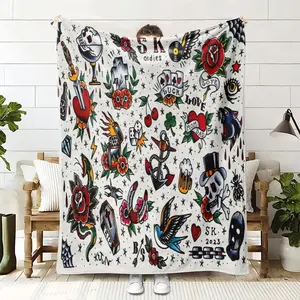 Bohemian Style Tattoo Pattern Blanket, 1 Count Comfortable Soft Throw Blanket, Lightweight Polyester Bedding for Home Office Travel, Decorative Giftable Blankets