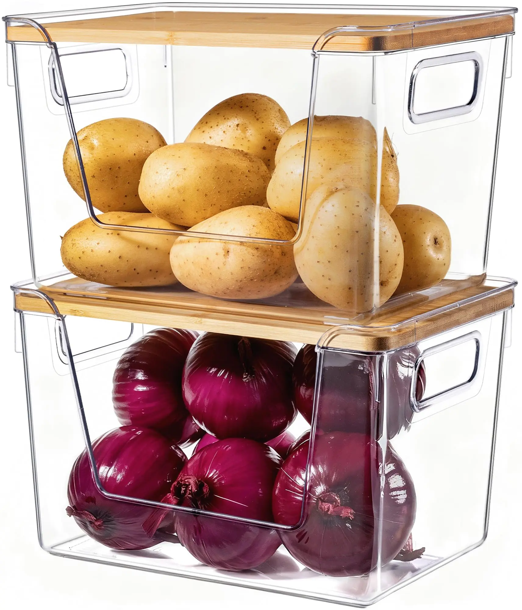 2 Set Pantry Organizers and Storage with Bamboo Lids, Stackable Clear Bins for Onion, Potato, Fruit, Vegetables, Trash Bag Dispenser, Kitchen and Under Sink Organizer