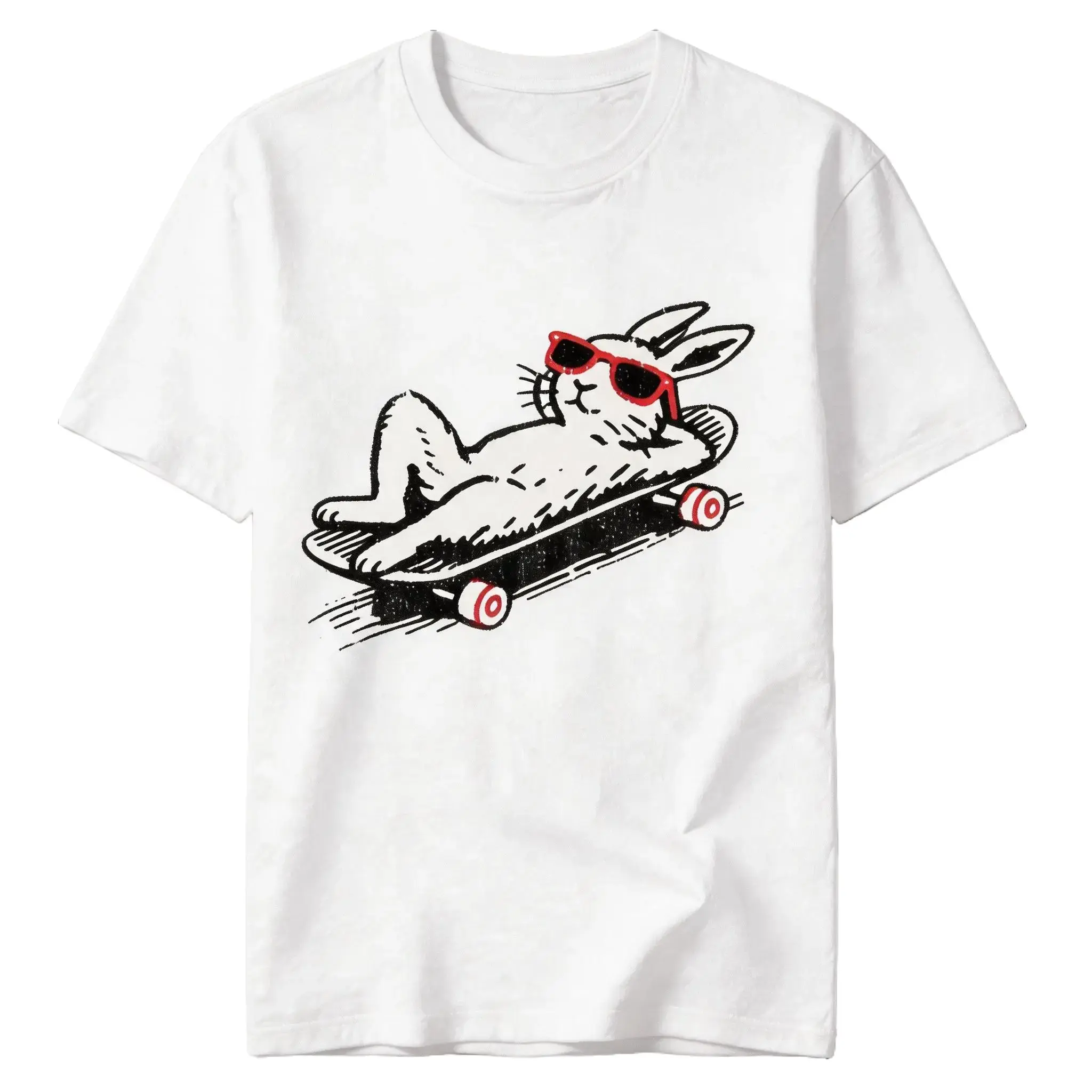 Funny Bunny Skateboard Graphic T-Shirt, Cool Rabbit Sunglasses Tee, Unisex Cotton Casual Skater Shirt