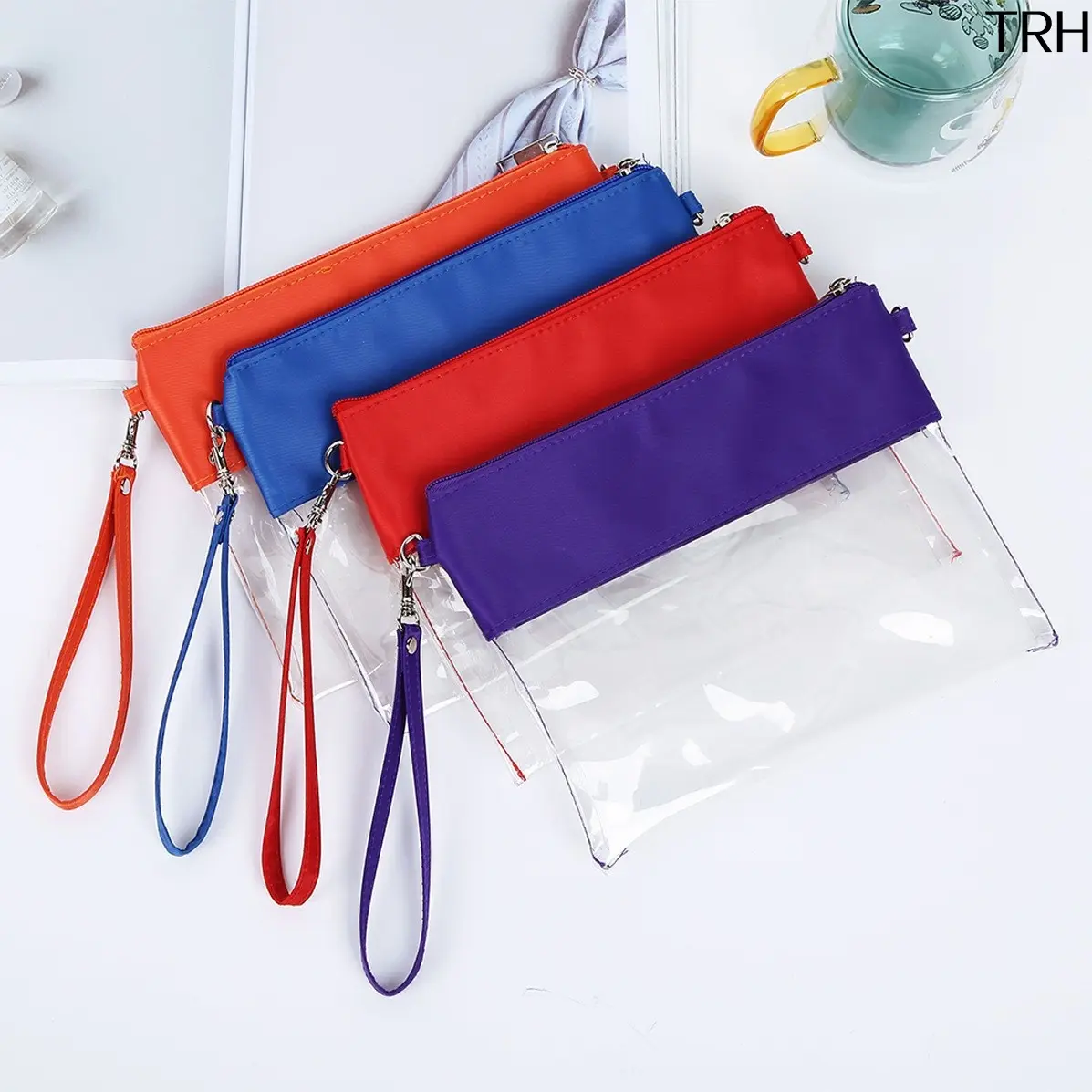 Two Tone Clear PVC Wristlet Pouch with Hand Strap, Waterproof Transparent Zipper Storage Bag, Minimalist Cosmetic Makeup Stationery Organizer for School Travel Daily Use