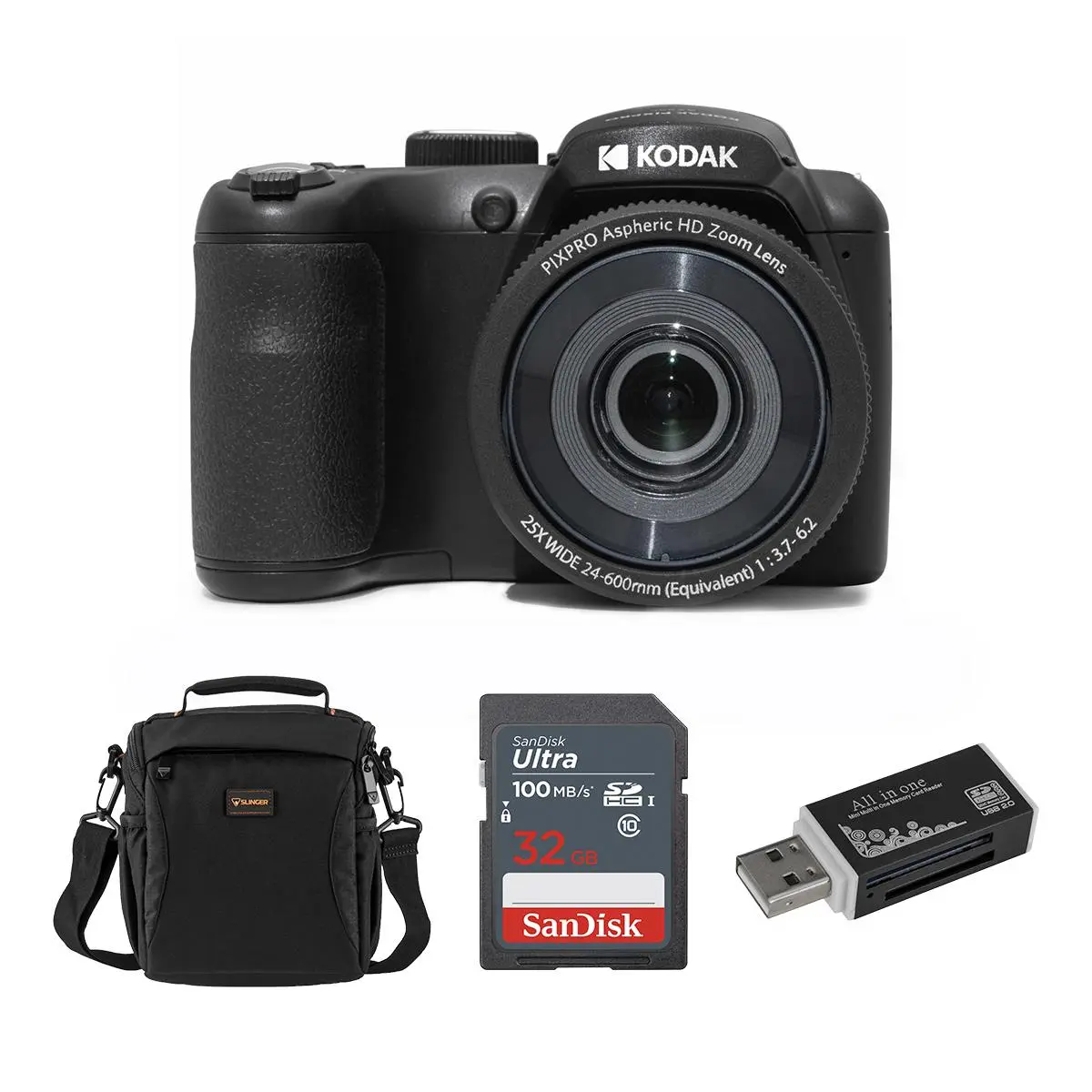 Kodak PIXPRO AZ255-BK Point & Shoot Digital Camera - 16MP, 25X Optical Zoom, 24mm Wide Angle Lens, Optical Image Stabilization, 1080P Full HD Video, 3" LCD, Vlogging Camera with Button Control, Bag, 32GB SD Card & Card Reader