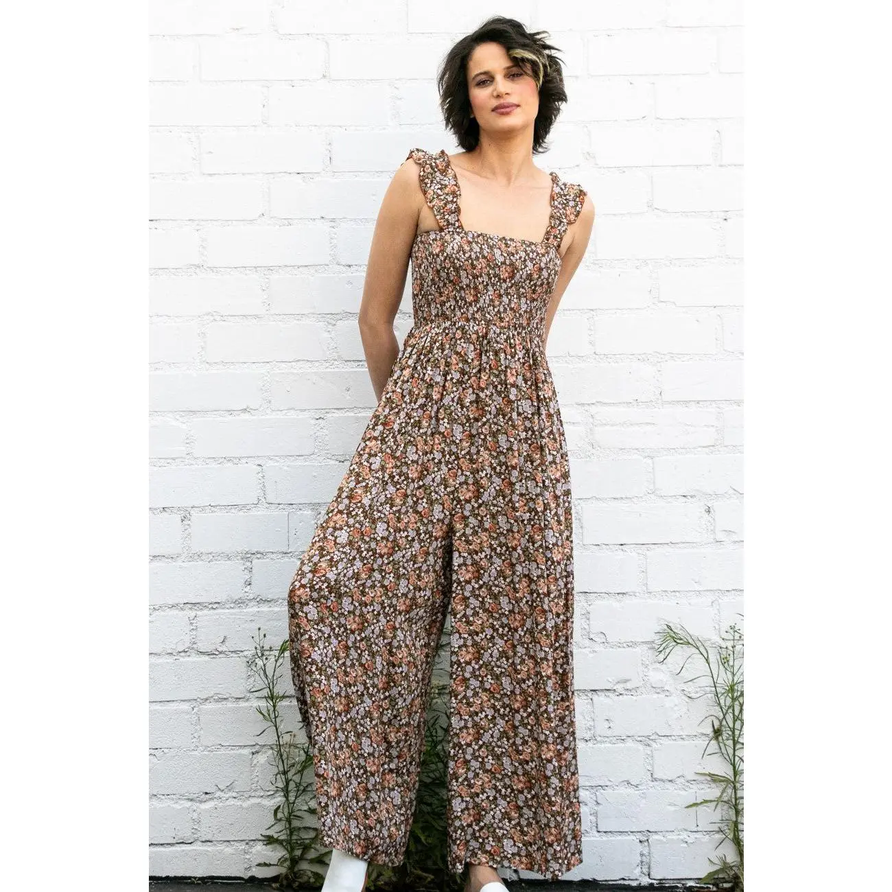Mocha Sleeveless Floral Smocked Ruffle Jumpsuit