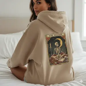Gildan 18500 The Reader Tarot Card Hoodie - Unisex Skeleton Reading Oversize Smooth Yarn Fabric Sweatshirt with Pocket, Book Lover Gift, Matching Clothes for Women, Light, Baggy, Casual, Long Sleeve