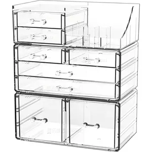 3 Pack Acrylic Clear Stackable 8-Drawer Makeup and Skin Care Organizer for Vanity Jewelry Hair Accessory Beauty Skincare Product Desk Storage