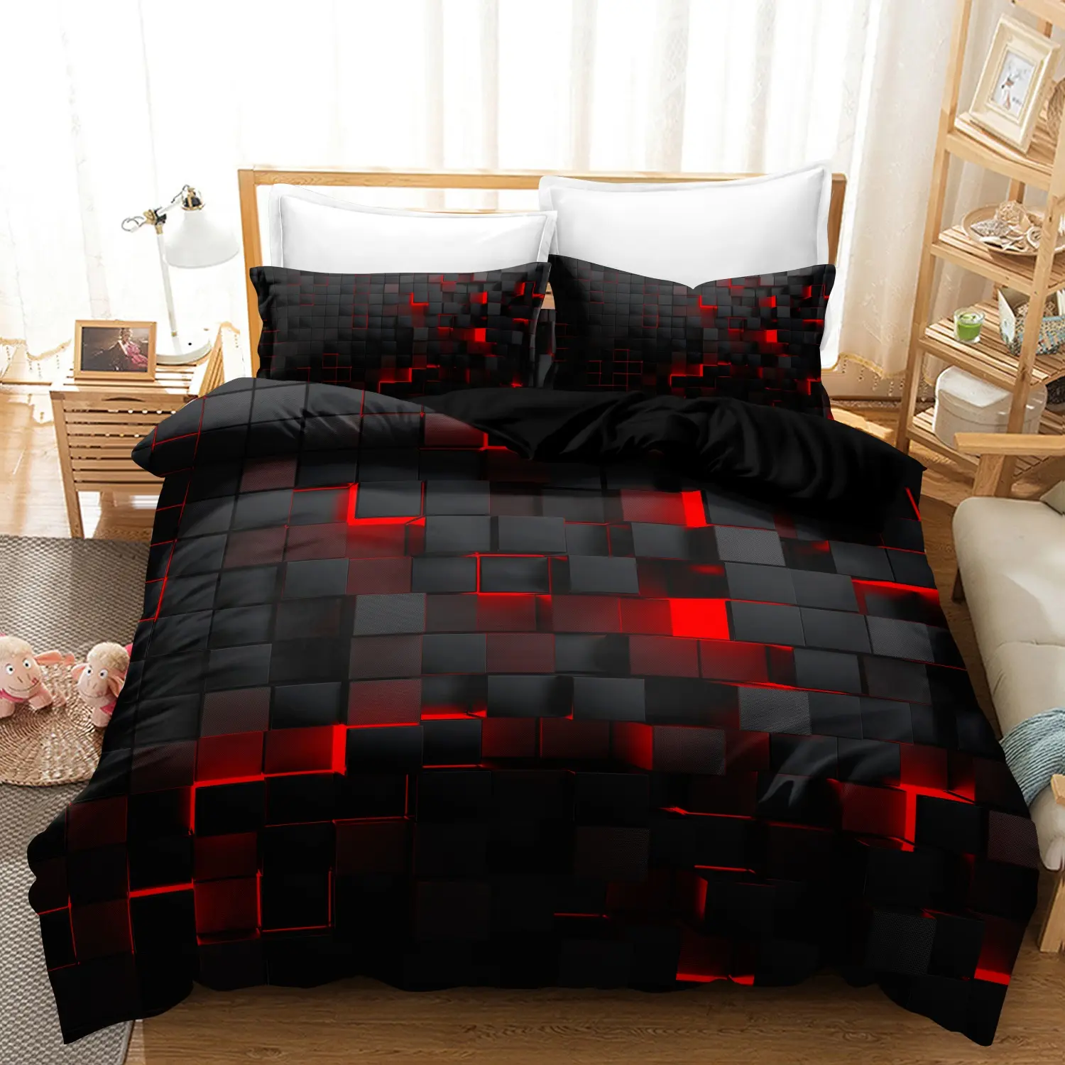 3pcs 3D Energy Block Geometric Cube Design Black + Red Grid Digital Print Duvet Cover Set, Suitable For Bedrooms And Guest Rooms. Soft And Comfortable Duvet Cover,Christmas Gift For Family And Friends Bedroom Bedding Set Bed Sets