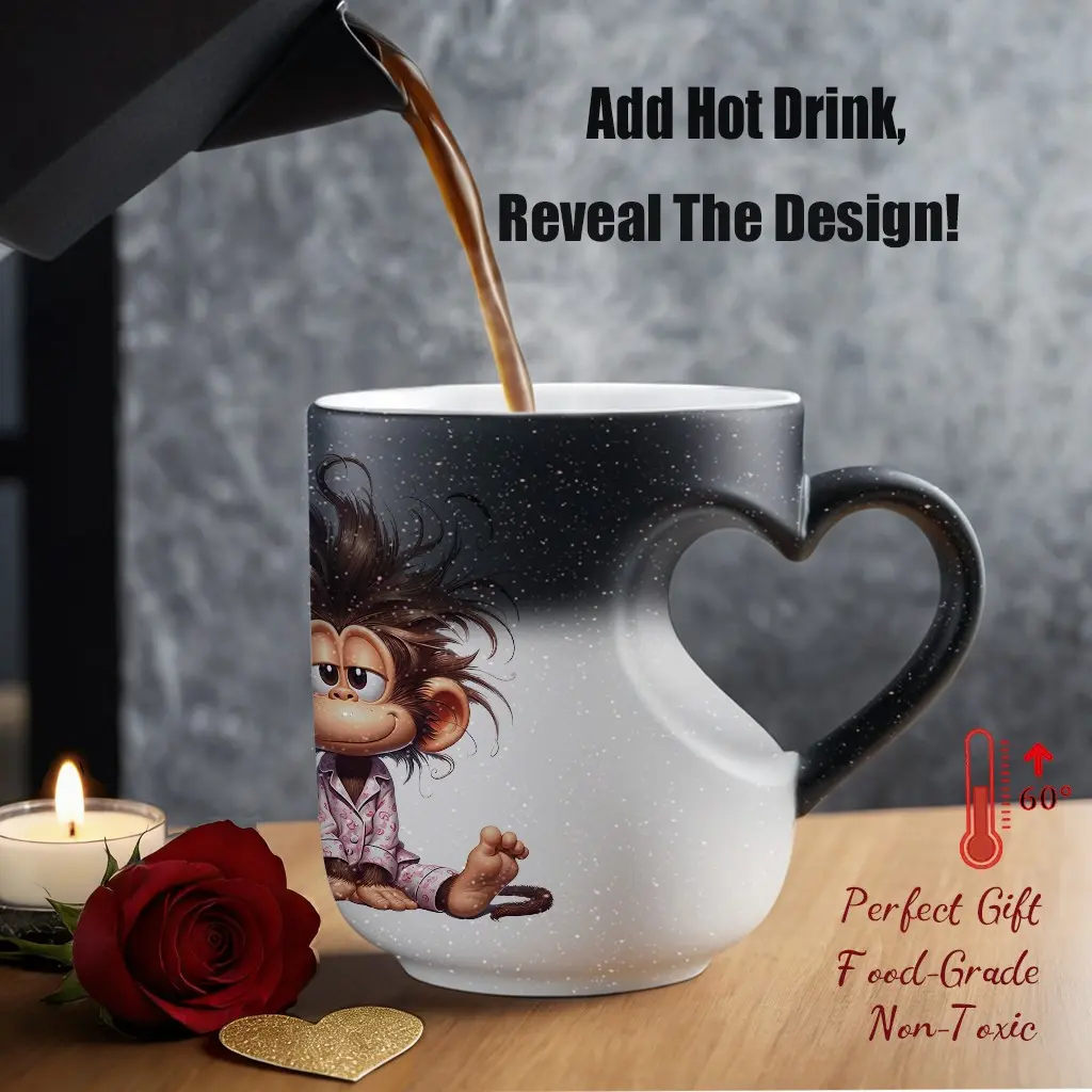 Magic Color-Changing Ceramic Mug with Cute Monkey Design, Thermosensitive Mug for Coffee Lovers, 11 Oz/330 Ml, Stylish Coffee Mugs, Gifts for Friends, Ceramic Printed Drinkware