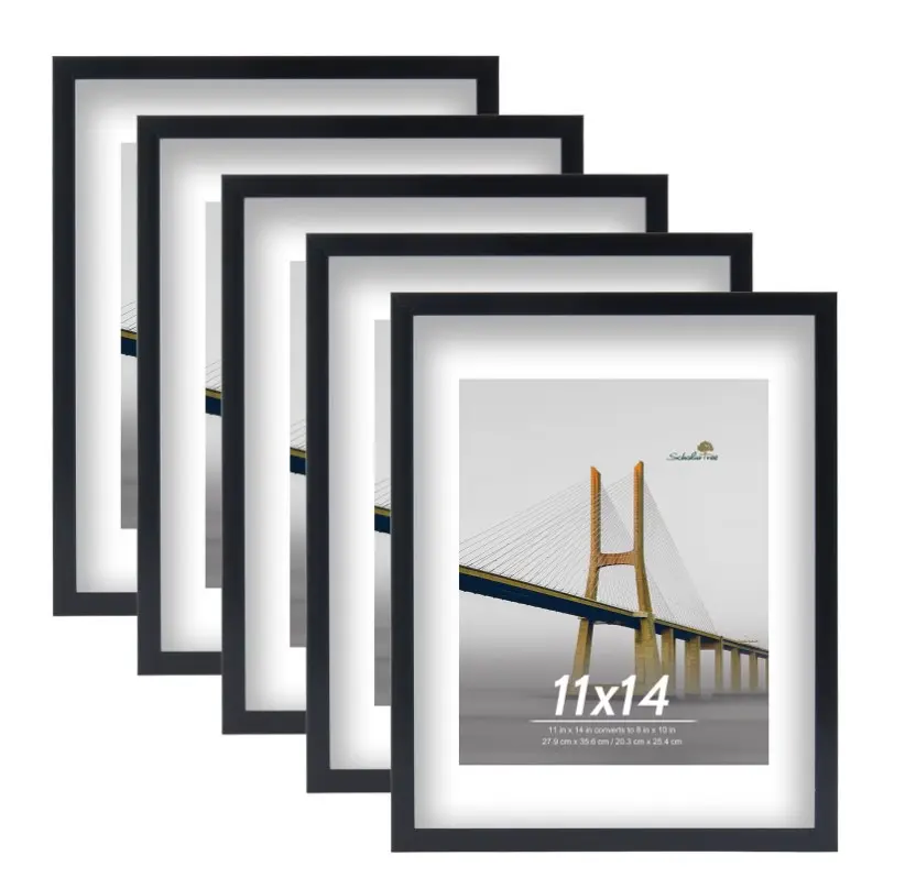 Scholartree 5-Pack Picture Frames, 8x10 with Mat & 11x14 Without Mat, Shatter-Safe Wall Gallery Set,Black
