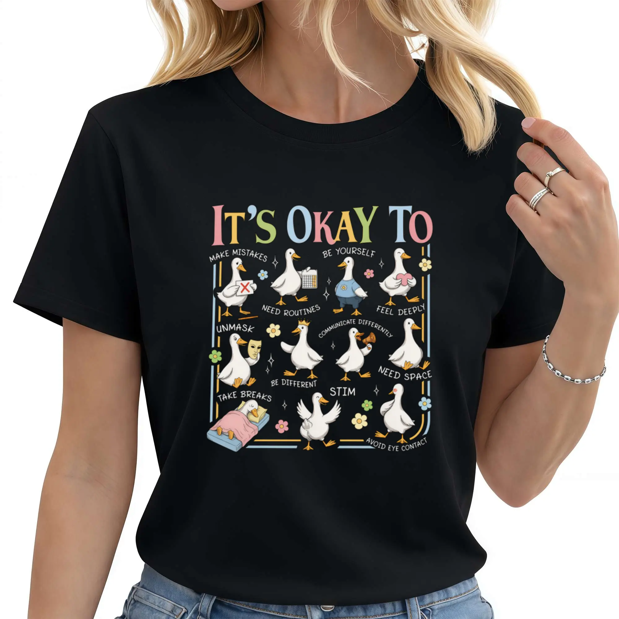It's Okay To" Neurodiversity T-Shirt, Duck Themed Self-Acceptance Graphic Tee