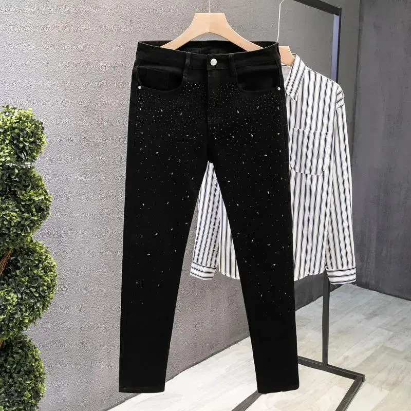 Men's Black Slim Fit Jeans, Casual Streetwear Cotton Denim with Sparkling Rhinestone Star Details, Menswear, Cotton Denim Men's Jeans, Dark Men's Jeans