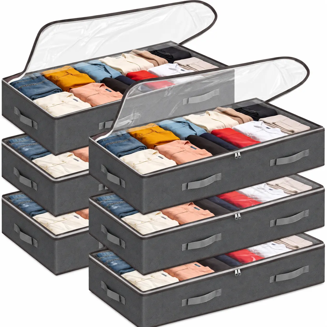 6-Pack Grey Foldable Under Bed Storage Containers (95L) - Travel & Closet Organizers for Linen Sheets, Clothing