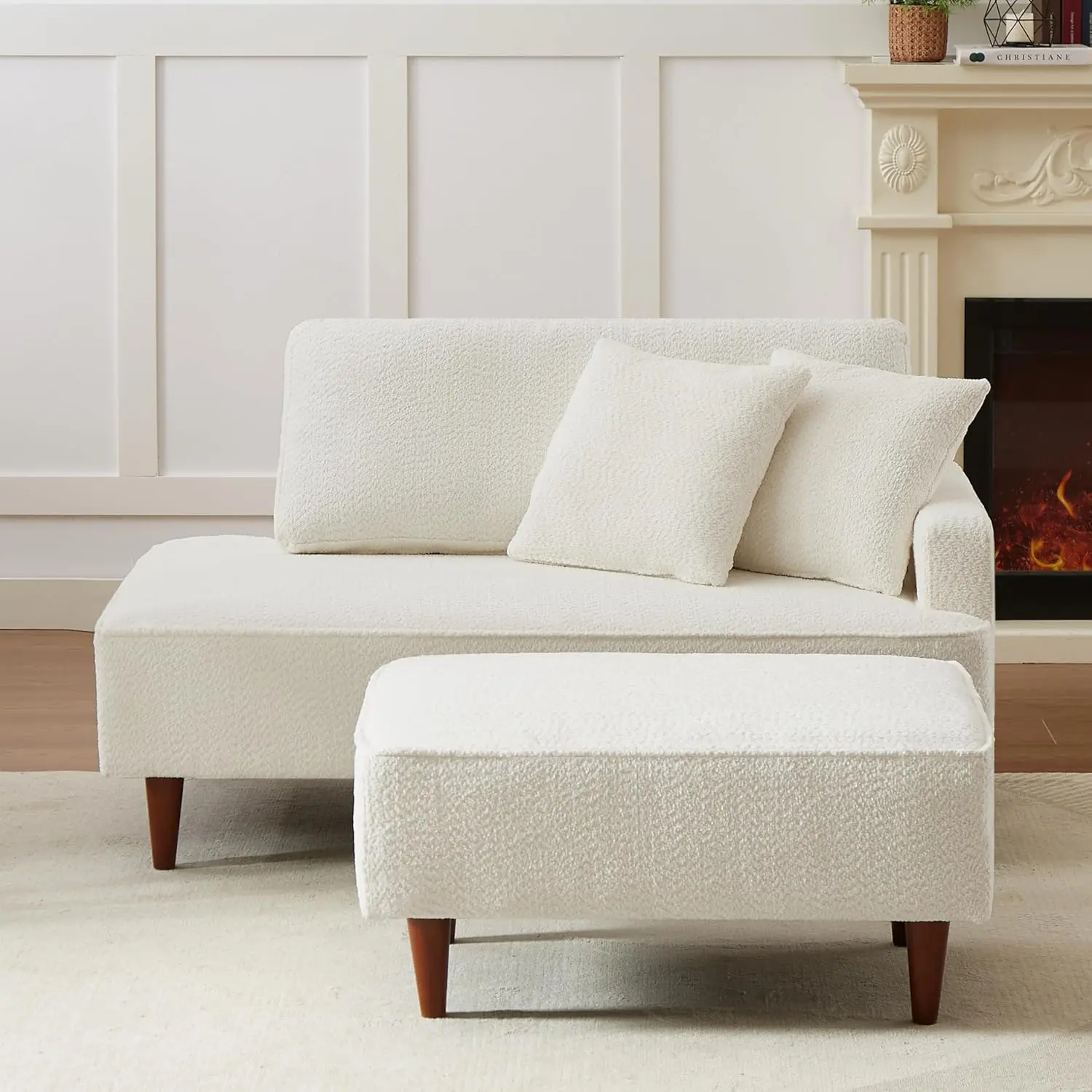 Upholstered Chaise Lounge Chair Indoor with Ottoman Boucle Chaise Lounge Fluffy Reading Chairs for Office Living Room Bedroom Relaxing (Boucle White)