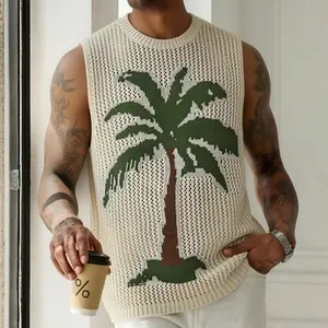 Men’s Tropical Palm Tree Knit Tank Top Breathable Open Knit Summer Vacation Sweater Vest Lightweight Beach Outfit Sleeveless Pullover Y2K Streetwear