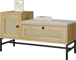 Rattan Shoe Bench, Entryway Shoe Bench with Storage Cabinet and Linen Seat Cushion, 2-in-1 Shoe Storage Bench, Wooden Shoe Rack for Hallway