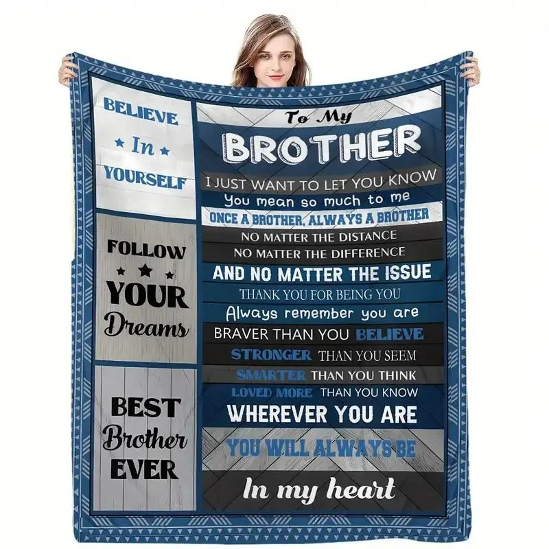 Letter Pattern Soft Blanket, 1 Count To My Brother Letter Gift Blanket for Home Office Travel Camping Dormitory School Flannel Throw Blanket, Cozy Blankets