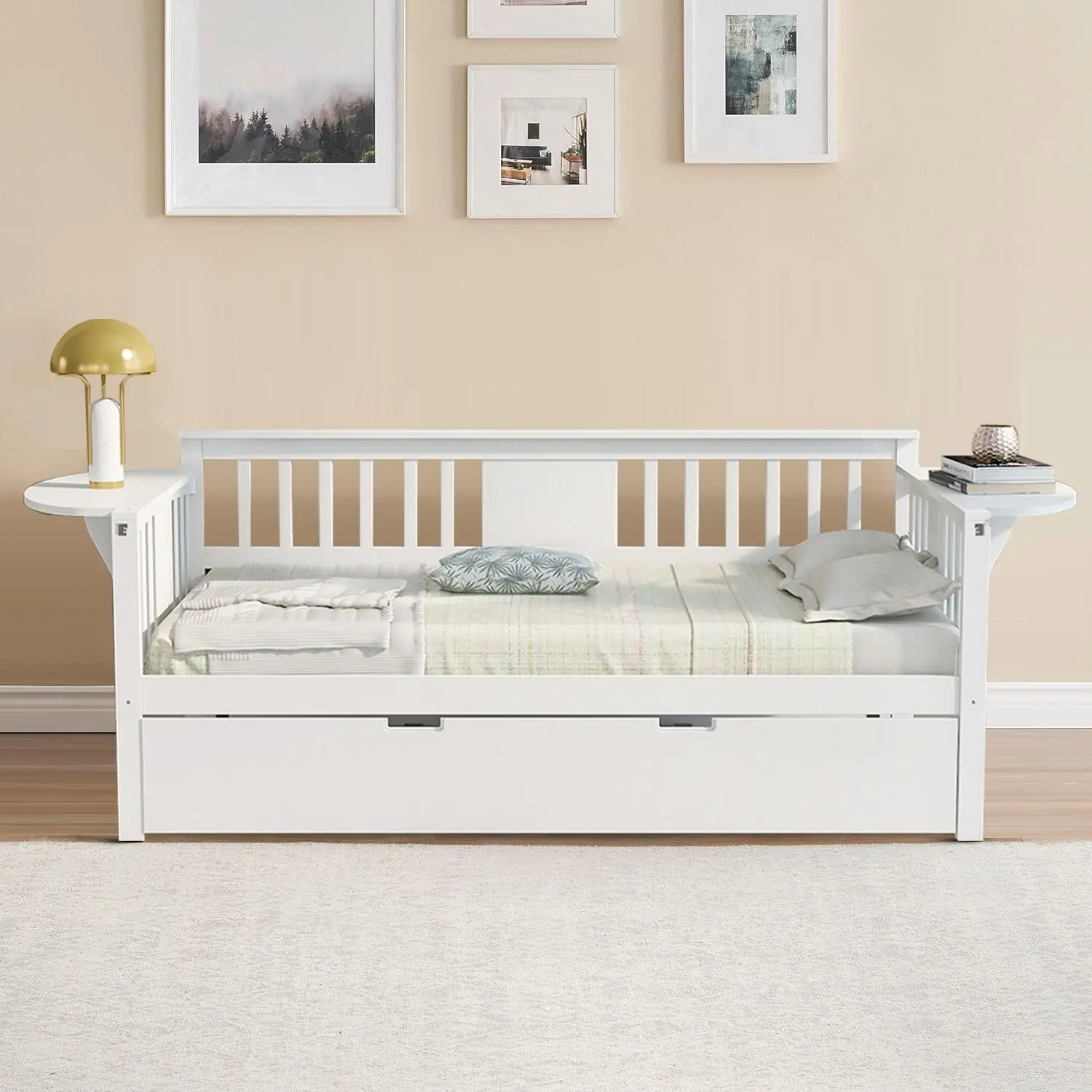 Vintage Chic Wooden Twin Size Daybed with Trundle Bed and Foldable Tables
