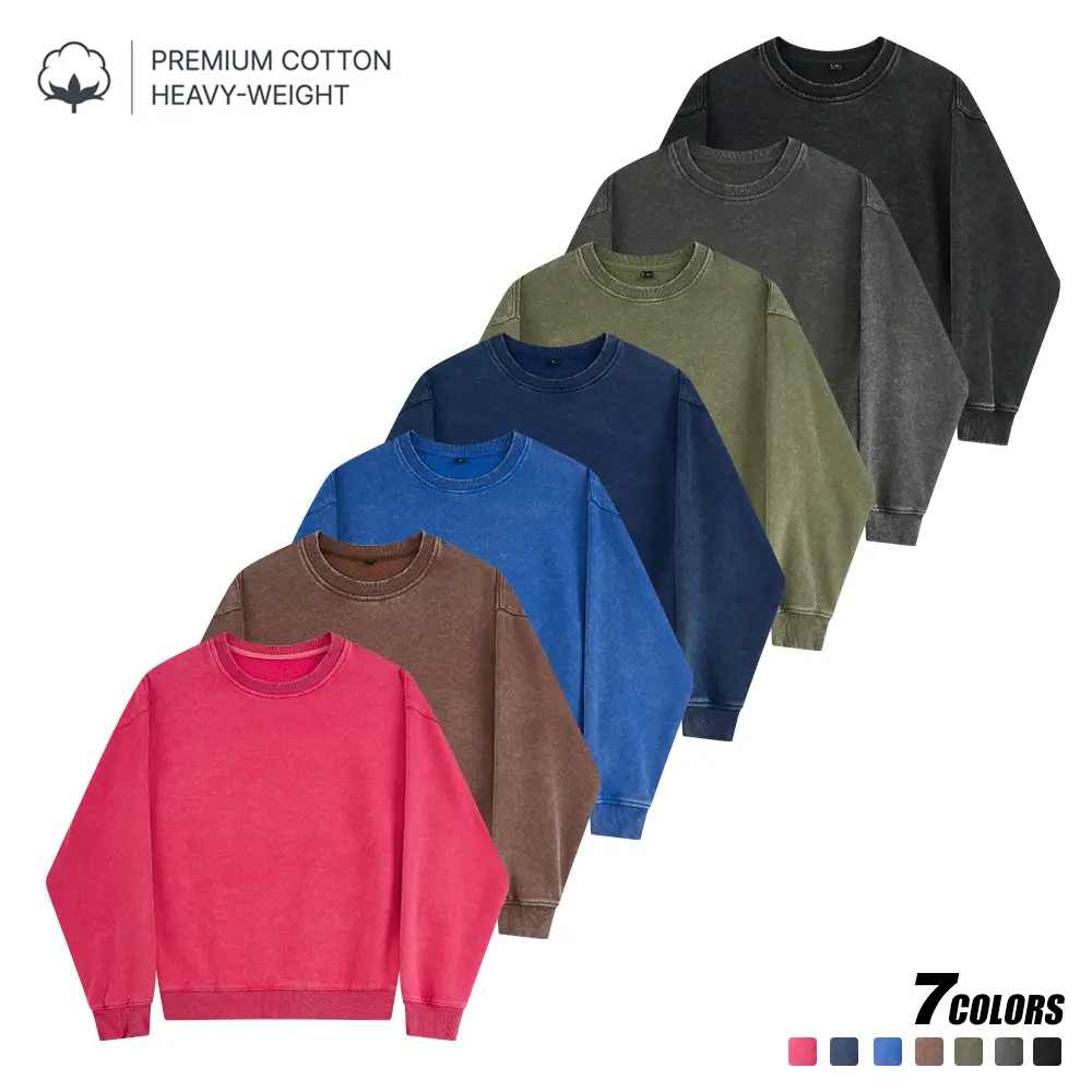 3 Pack Men Vintage Acid Wash Crewneck Sweatshirt, Thick Heavy Weight Cotton Fabric, Relaxed Fit Long Sleeve Basic Tops, Multi Color Casual Everyday Outer Layer for Travel and Hangout