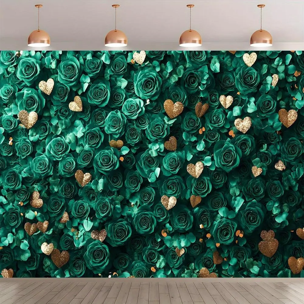 1pc Glam Polyester Fabric Throw - Emerald Roses & Hearts Design with Golden Accents, Vibrant Green & Gold Colors, Durable Soft Furnishing for Weddings, Home Decor