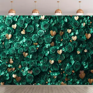 1pc Emerald Roses with Golden Hearts Backdrop Banner - Luxurious Polyester Fabric, Vibrant Green & Golden Design, Perfect for Home Decor, Birthdays, Anniversaries, Weddings, Indoor & Outdoor Use