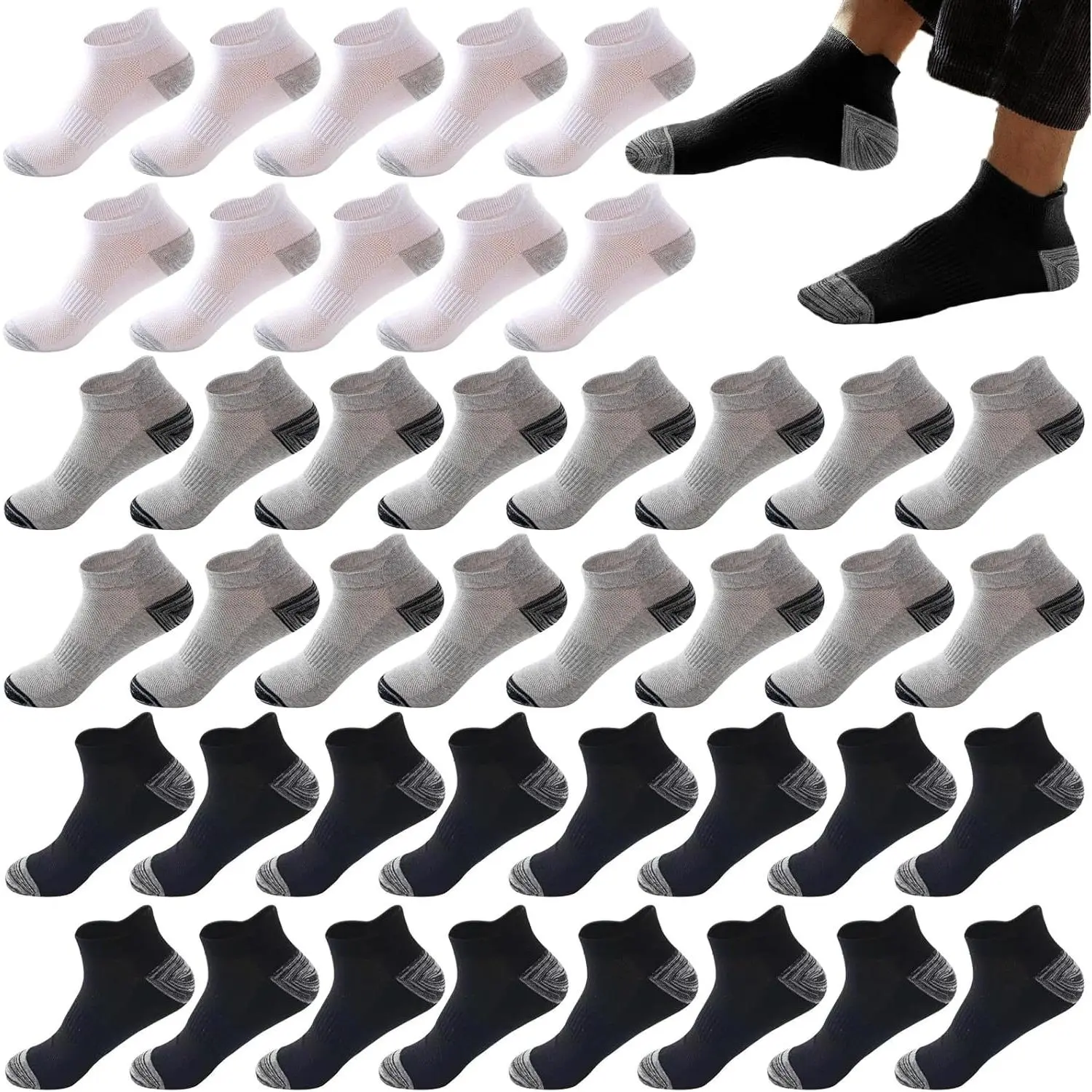 Men's 20-Pair Athletic Sports Socks - Ankle Height, Short Length, Breathable, Cushioned, Moisture-Wicking for Running, Travel