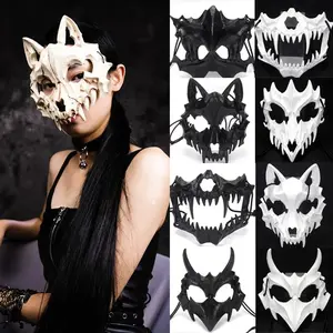 Halloween Mask Half-face Mask Cos Dragon God Fierce Tiger Night Fork Tengu Man Wolf Mask Performance Skull Masks Creepy White-A
